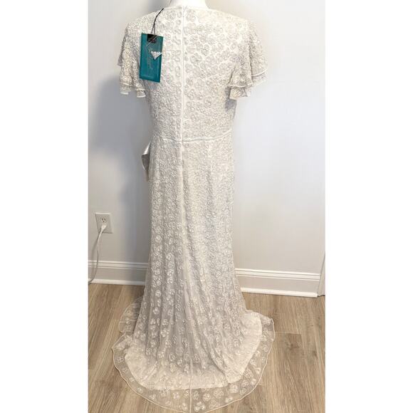 Mac Duggal High Neck Beaded Flutter Cap Sleeve Gown In White 10748 Size 10 New - Picture 8 of 13
